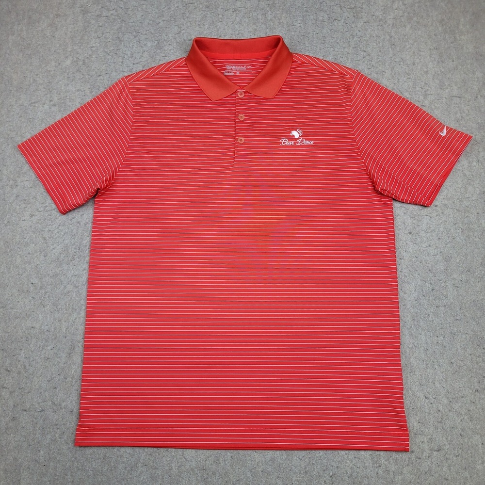 Nike Golf Polo Shirt‎ Mens L Red Striped Performance Short Sleeve Dri Fit Logo